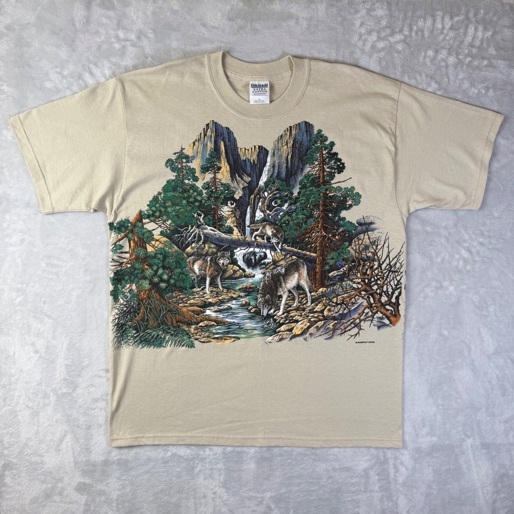 Habitat Graphic T-Shirt Mens XL Tan Vintage 1997 Wolf Nature Mountain Waterfall